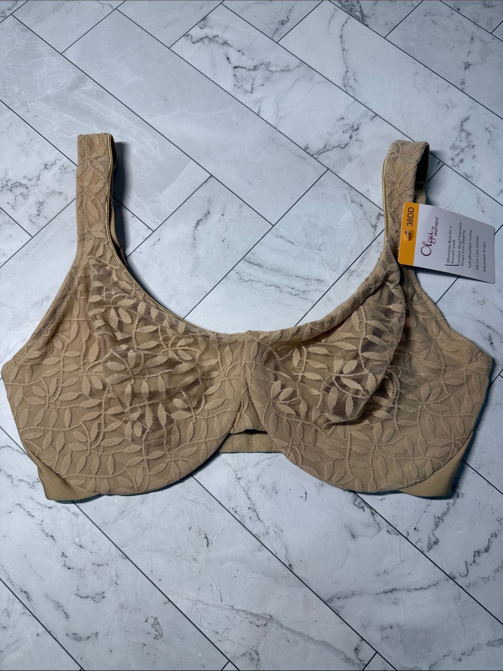 NWT Olga Sheer Leaves Minimizer Bra Beige 38DD